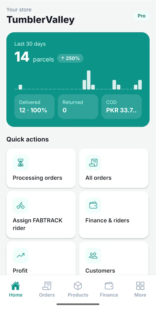 FABTRACK store app home with 30-day parcels, COD and a to-do list