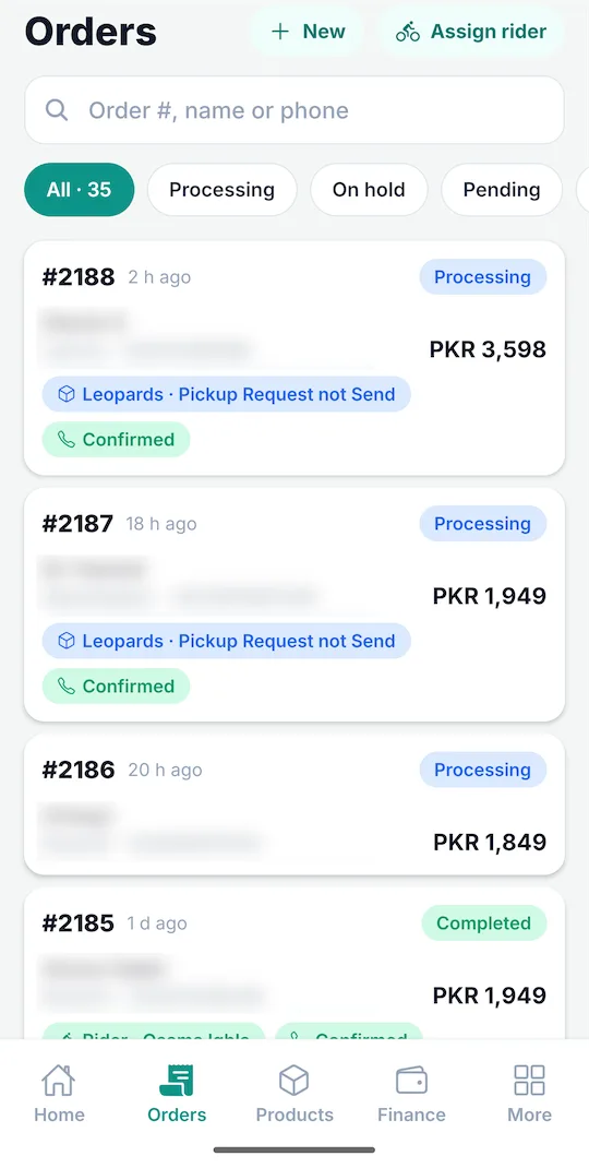 FABTRACK store app orders list with status, courier and COD amount