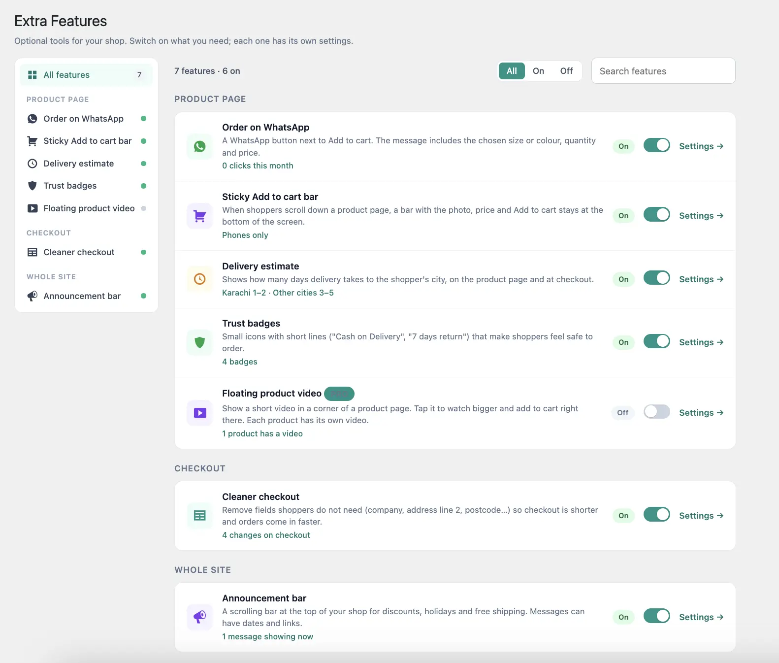 The Extra Features page of the FABTRACK plugin in WordPress, with switches for Order on WhatsApp, Sticky Add to cart bar, Delivery estimate, Trust badges, Floating product video, Cleaner checkout and Announcement bar