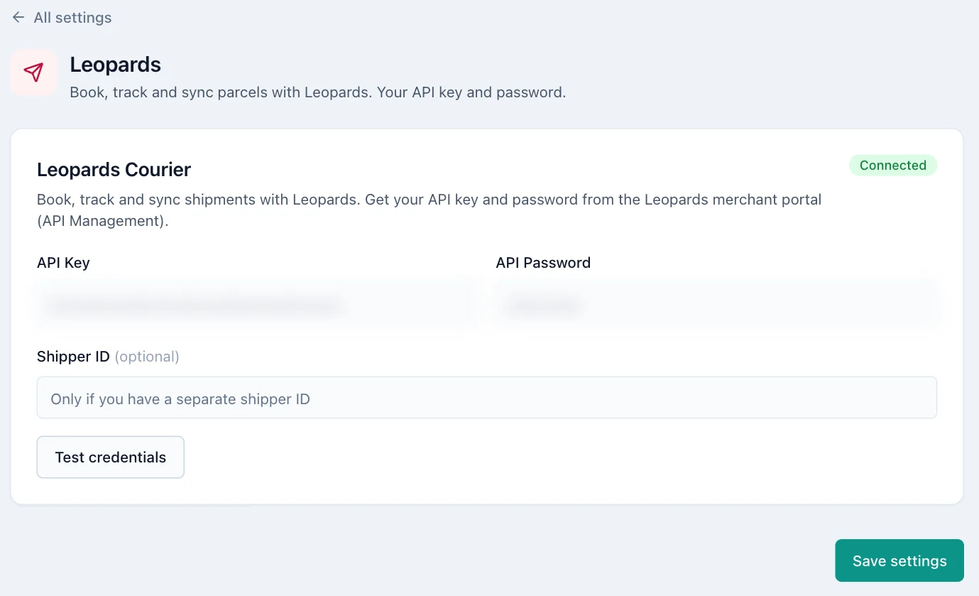 Leopards settings with API key, API password, optional shipper ID and Test credentials.