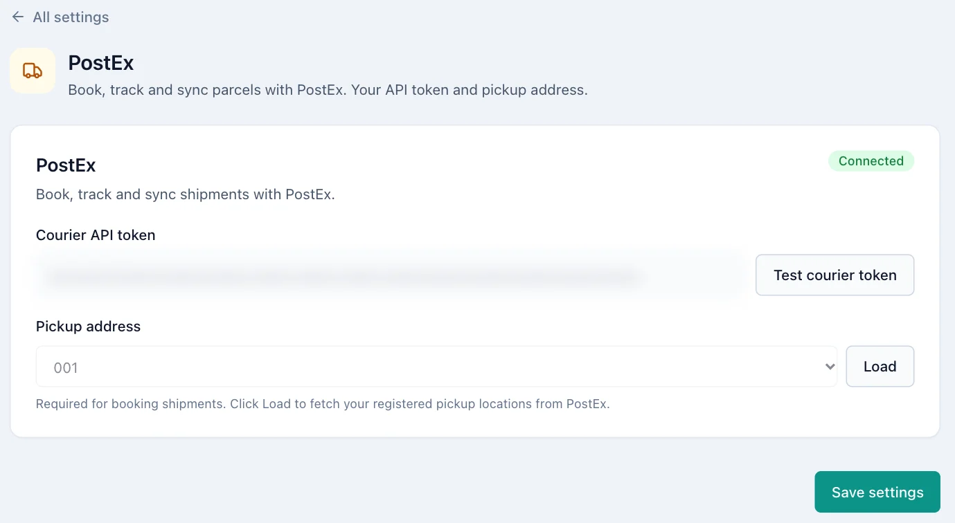PostEx settings with API token, Test courier token, pickup address and the Load button.