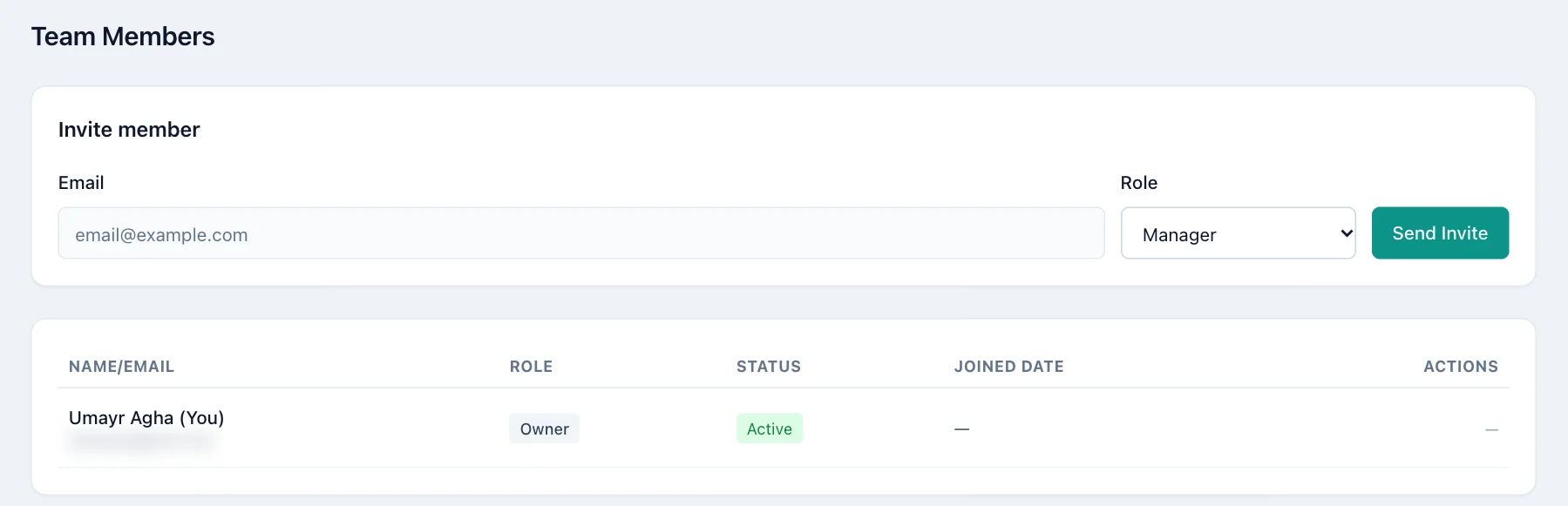 Team members page with an invite email box, role choice and the Send Invite button.