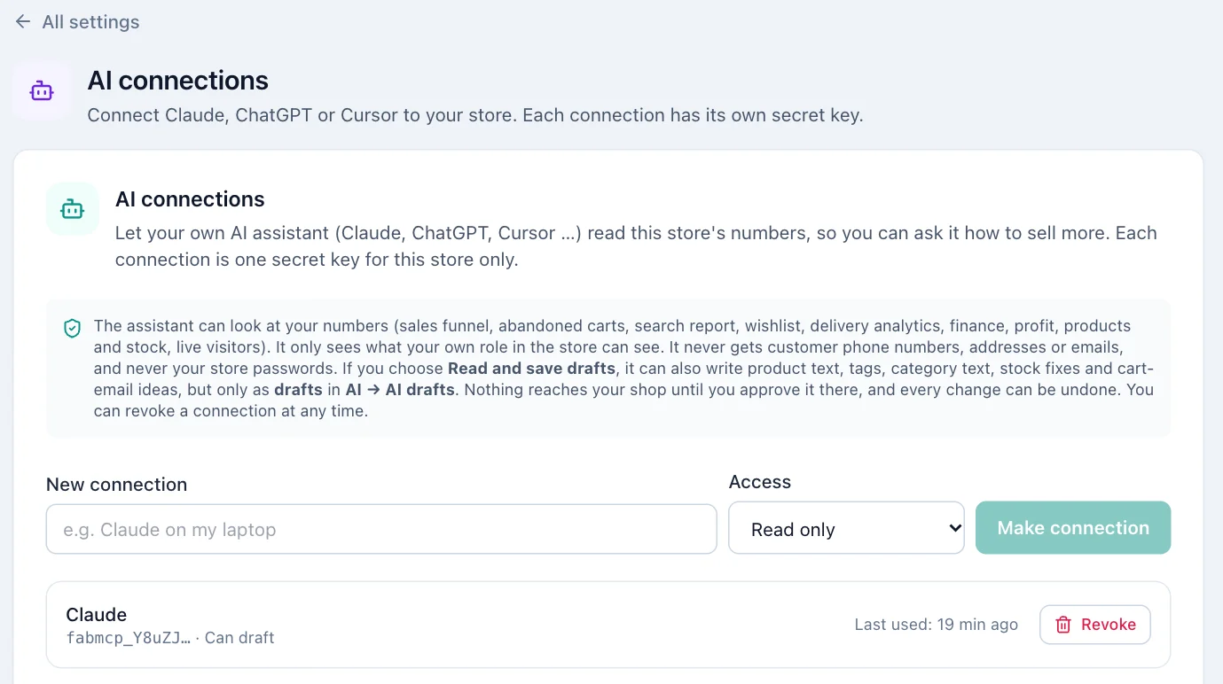 AI connections settings with a name box, access choice, Make connection button and a list of connections with Revoke.