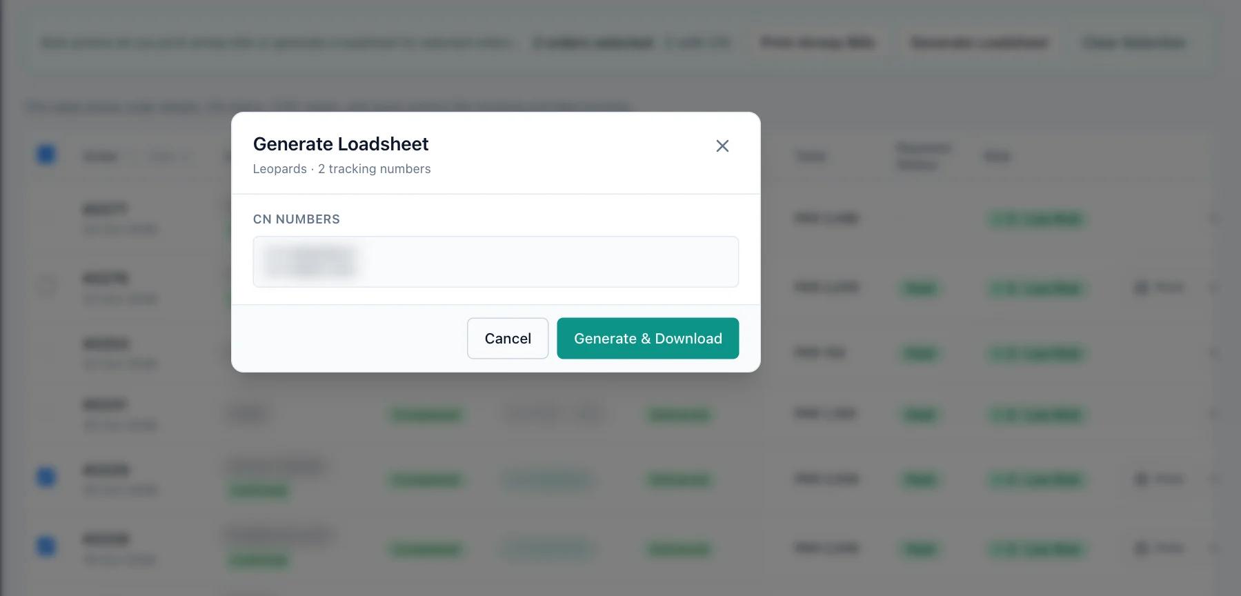 Orders list with two orders ticked and the Generate Loadsheet window open.