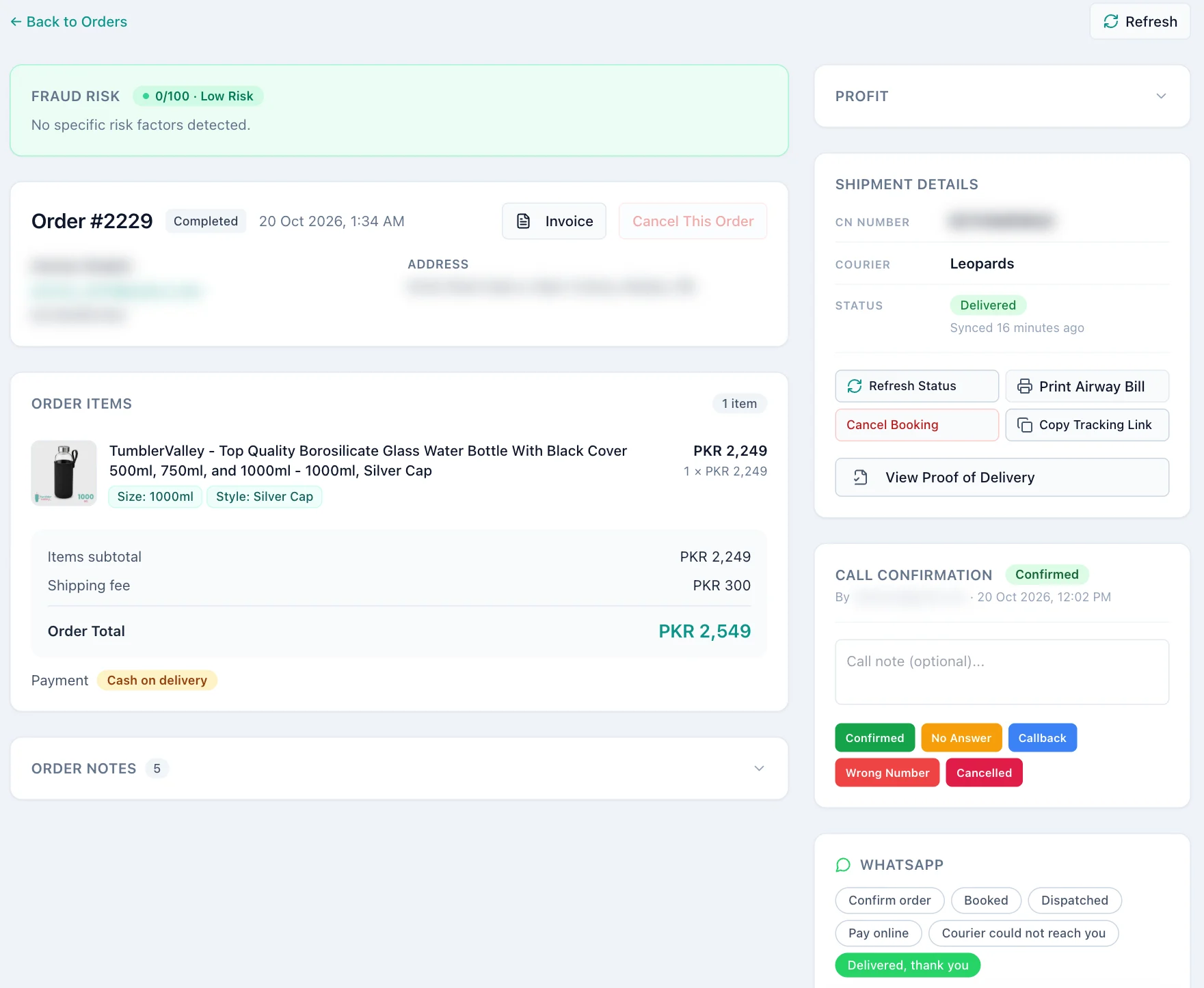 Order page with fraud risk, items, shipment details, call confirmation buttons and WhatsApp messages.