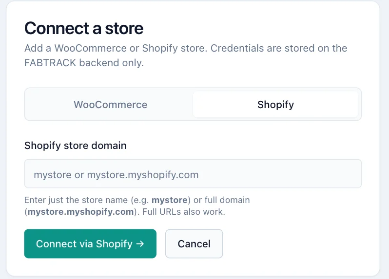 Connect a store form on the Shopify tab with the store domain field and the Connect via Shopify button.