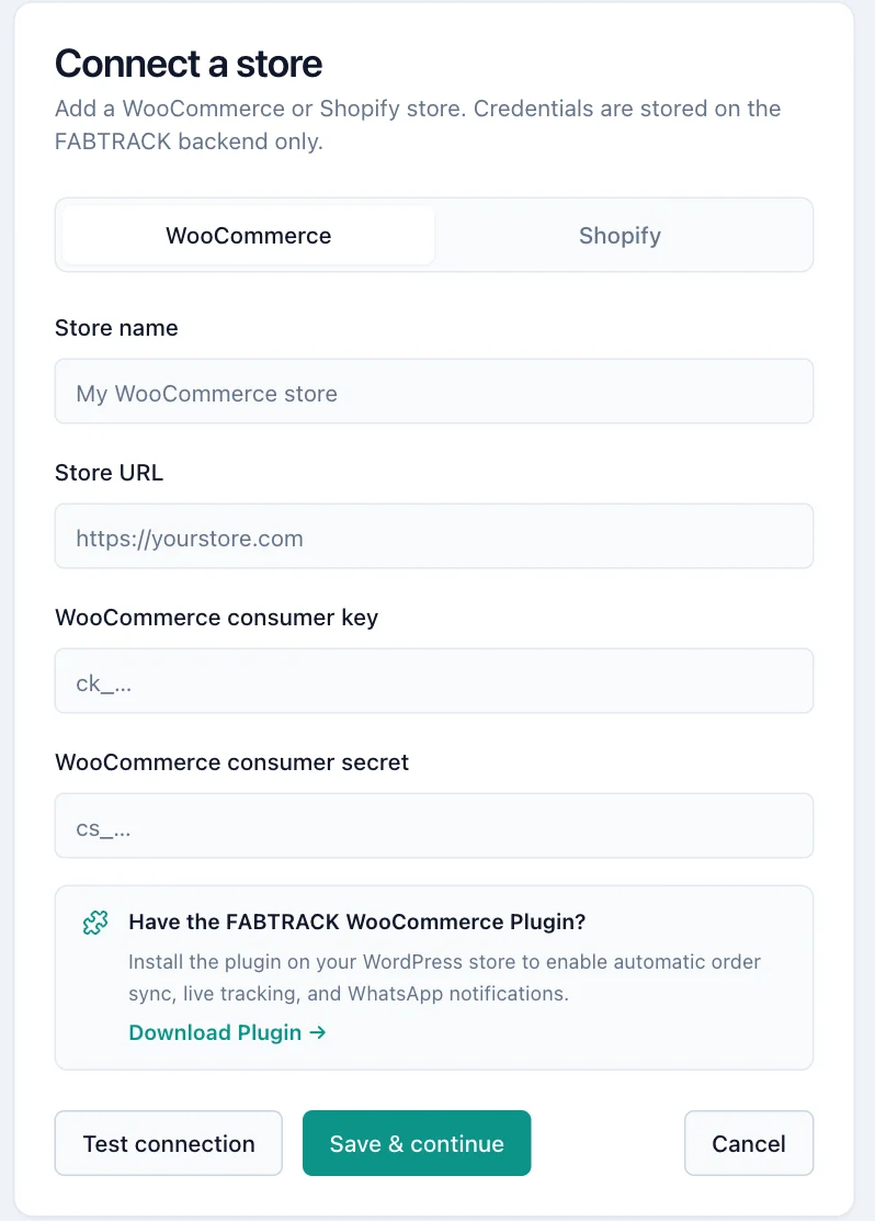 Connect a store form with the WooCommerce tab, store URL, consumer key and secret.