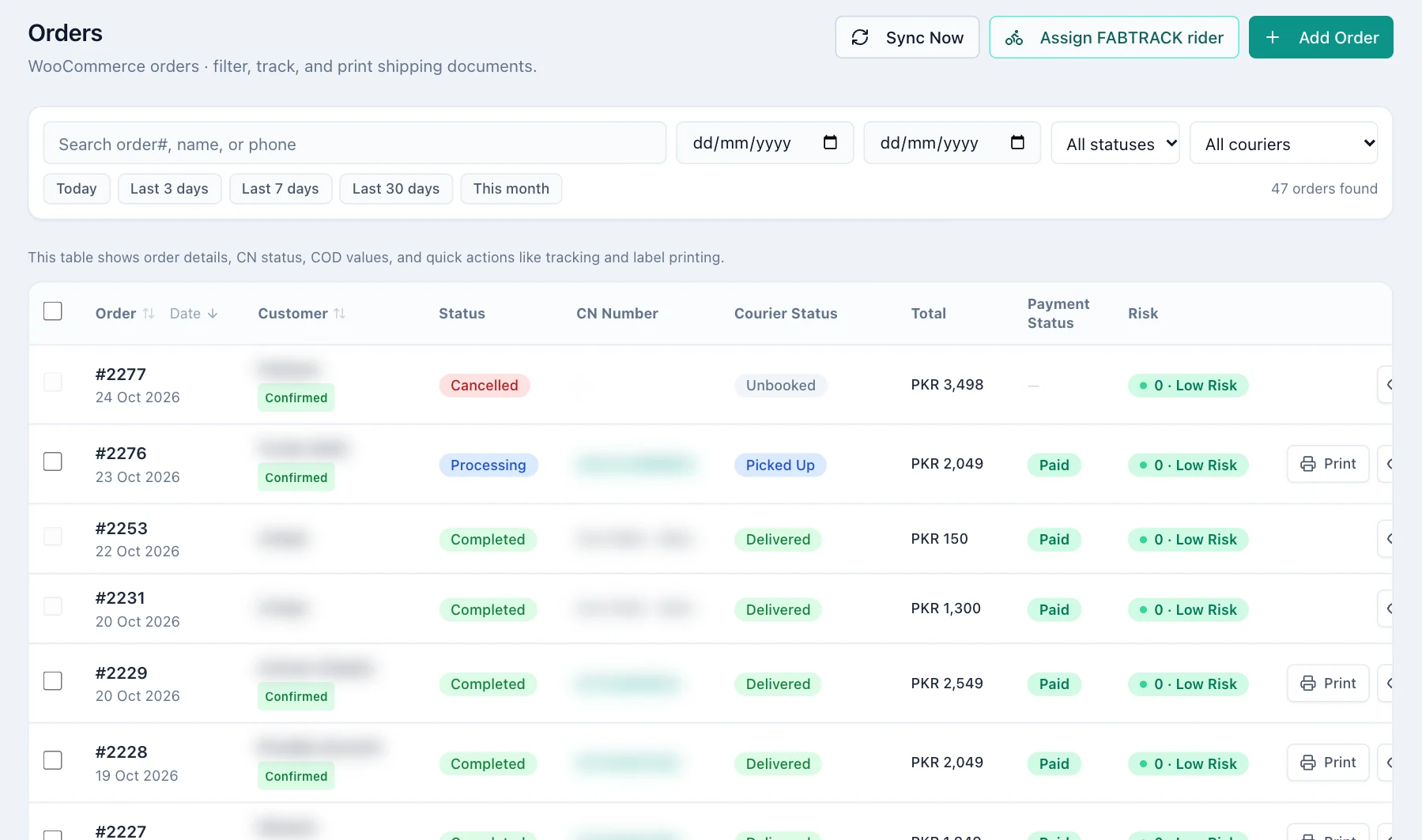Orders list with search, date buttons, and status and courier filters.
