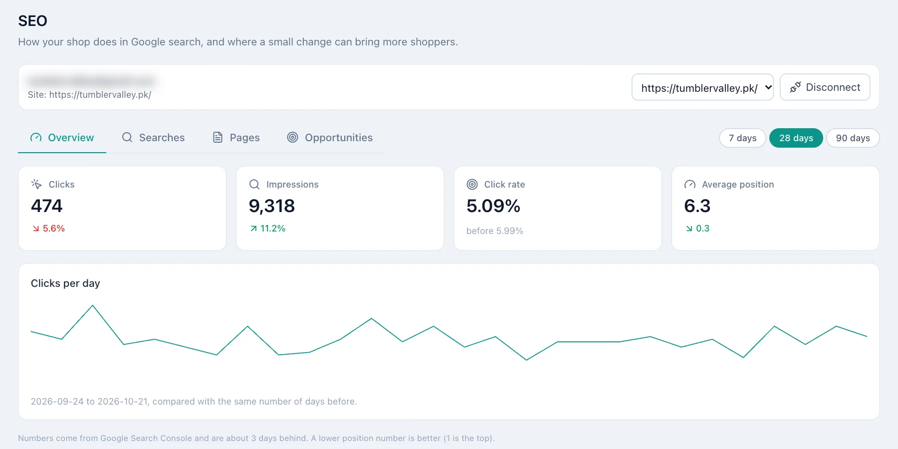 SEO page with Google Search Console numbers: clicks, impressions, click rate and average position.