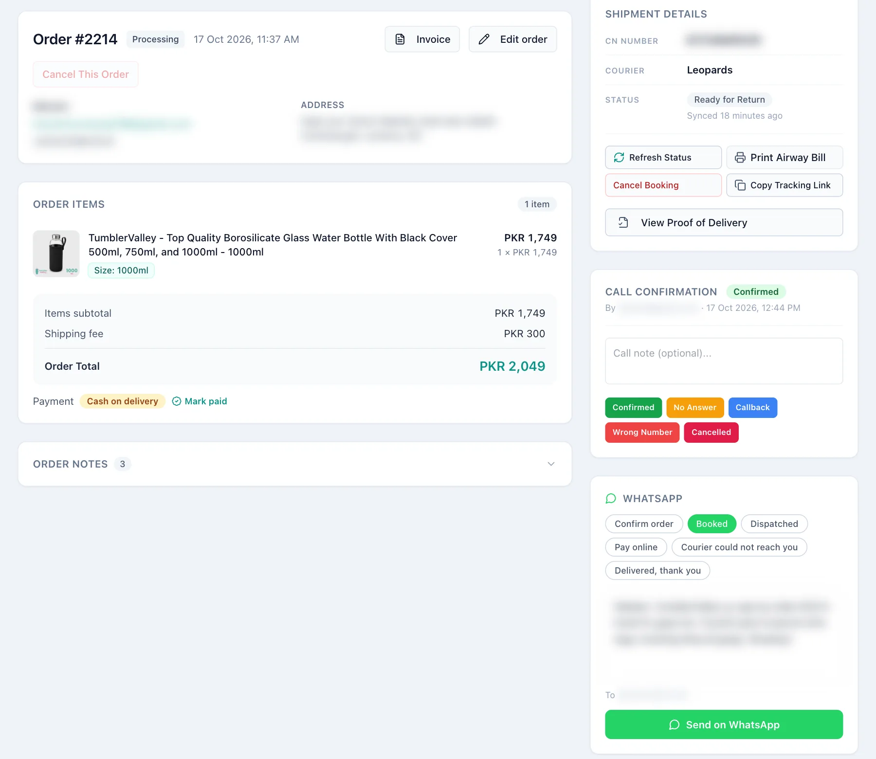 Order page with the Mark paid button and the WhatsApp card with a payment link box.