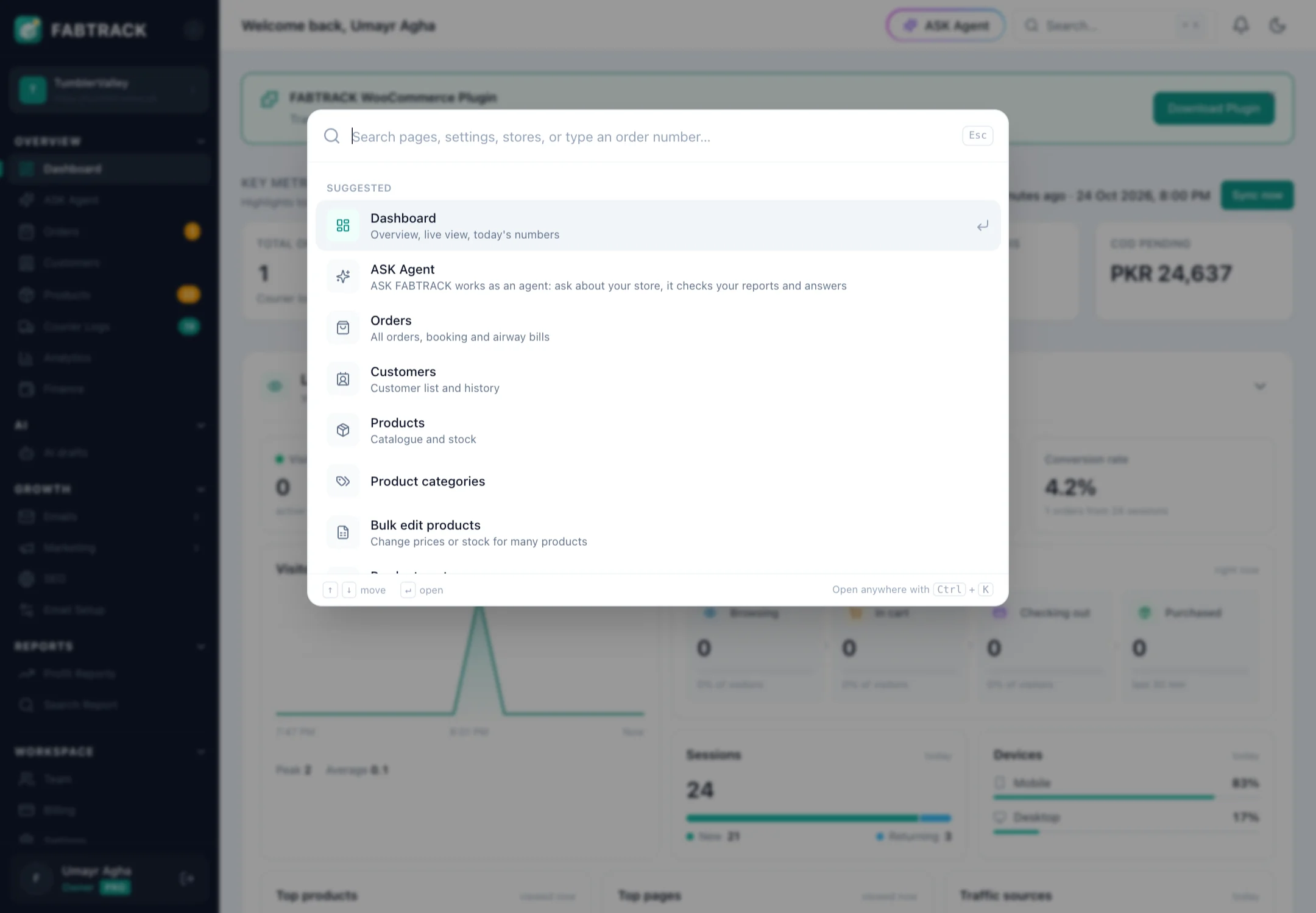 FABTRACK with the left menu, store switcher and the quick search window open.