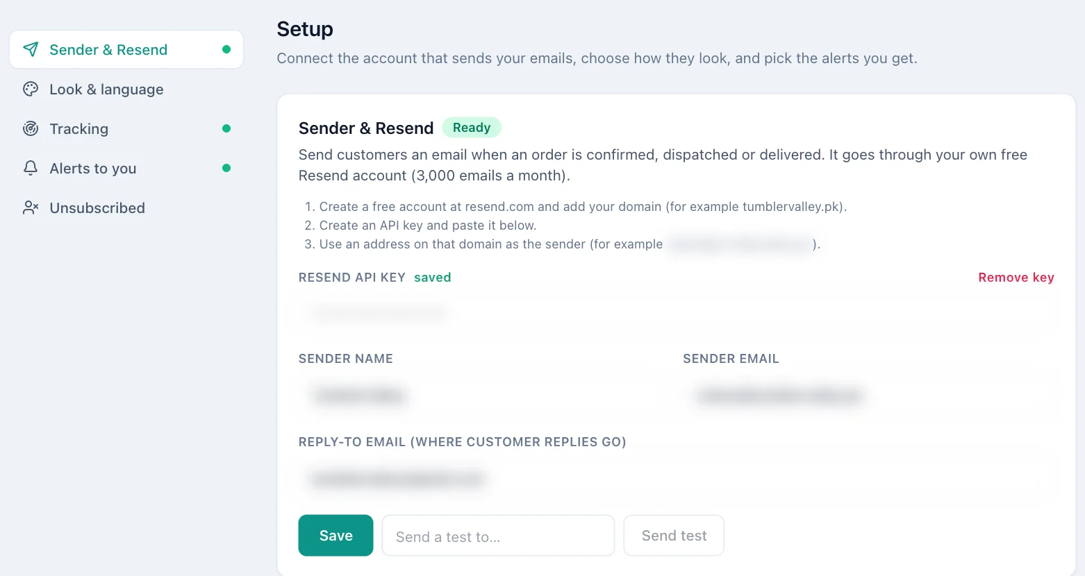 Email Setup with the Resend API key, sender name and email, reply-to, Save and Send test.