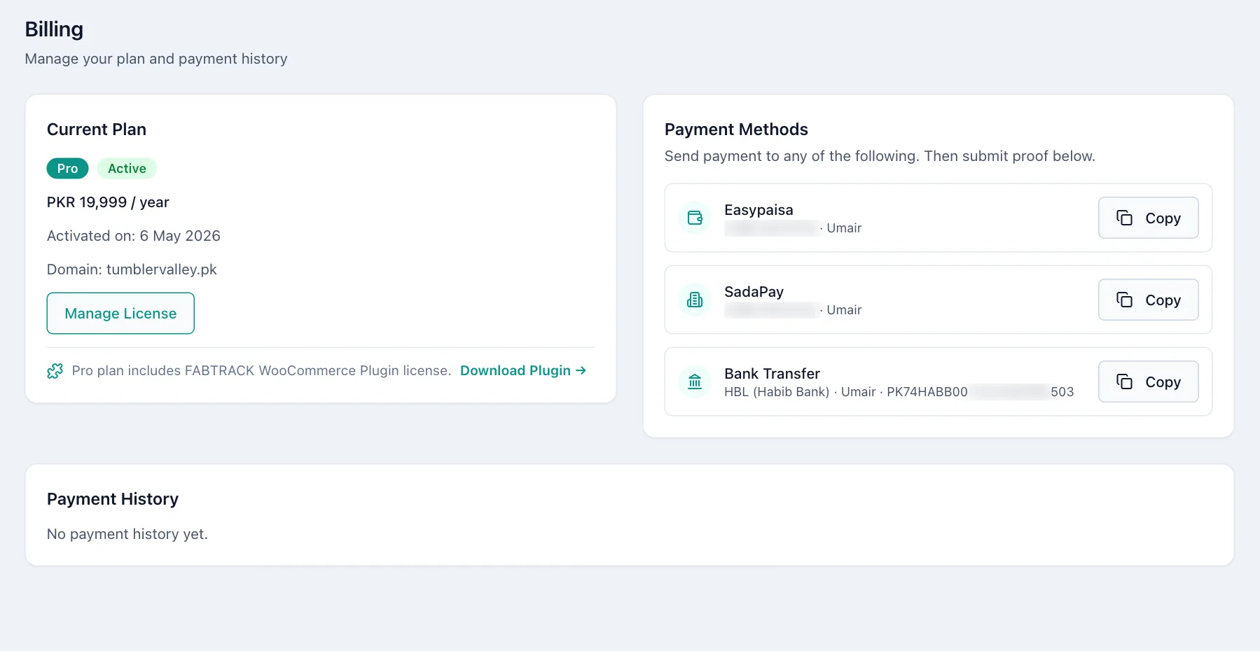 Billing page with the current plan and the payment methods Easypaisa, SadaPay and bank transfer.