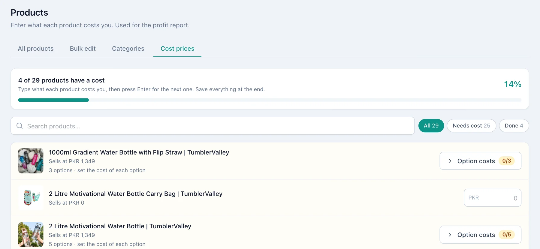 Cost prices tab with a progress bar, product list and a cost box for each product.