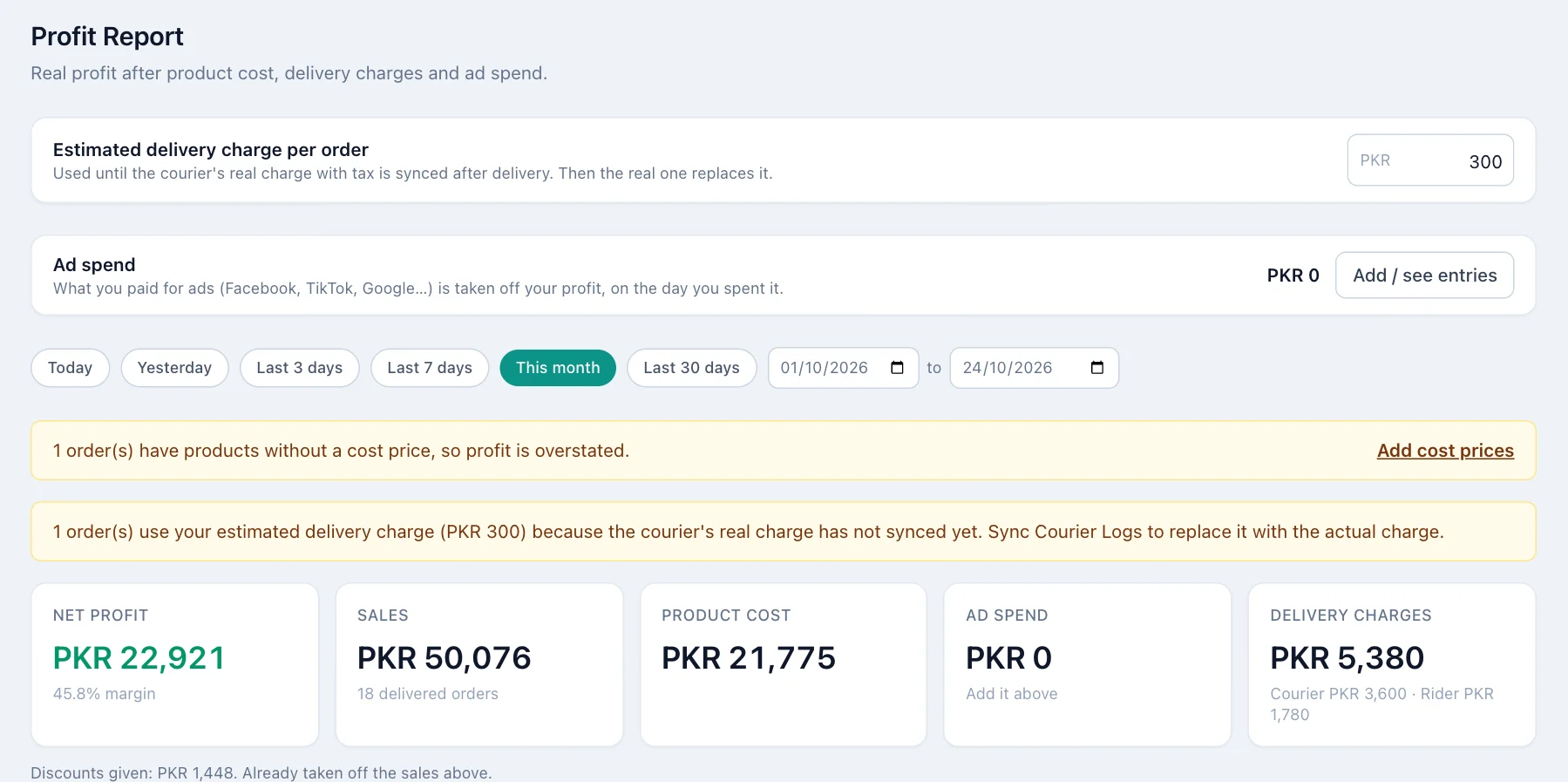 Profit report with delivery charge, ad spend, date buttons, warnings and net profit cards.