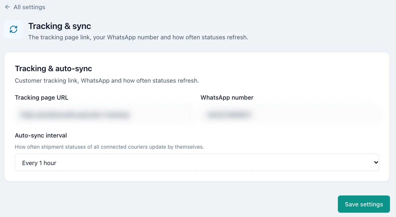 Tracking and sync settings with tracking page URL, WhatsApp number and automatic sync interval.