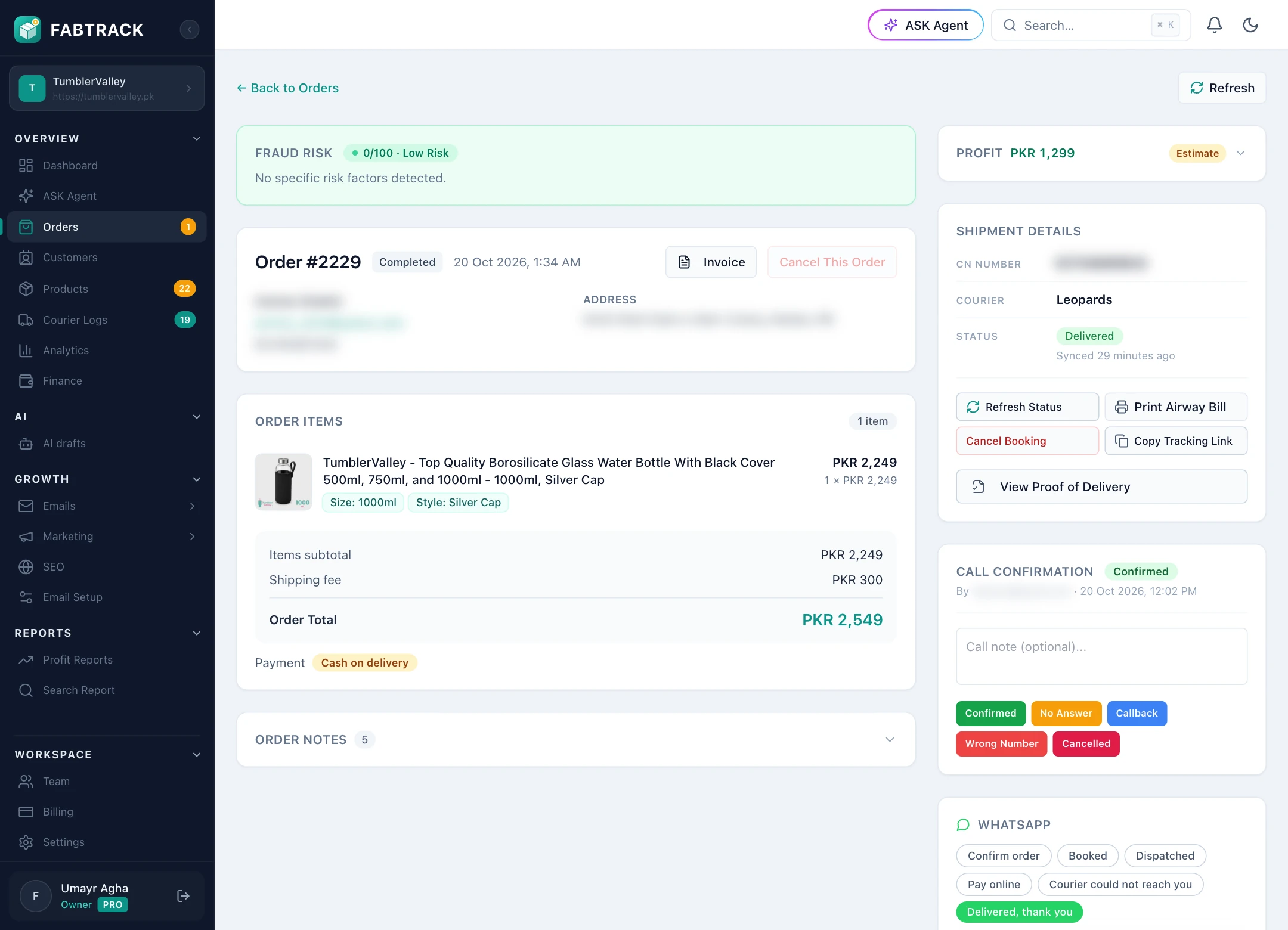 A FABTRACK order page with fraud risk, call confirmation, WhatsApp message and profit