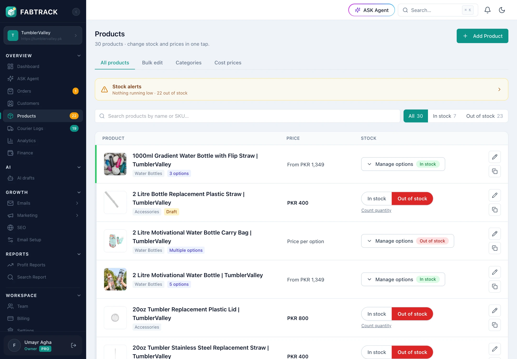 FABTRACK products and stock with stock alerts