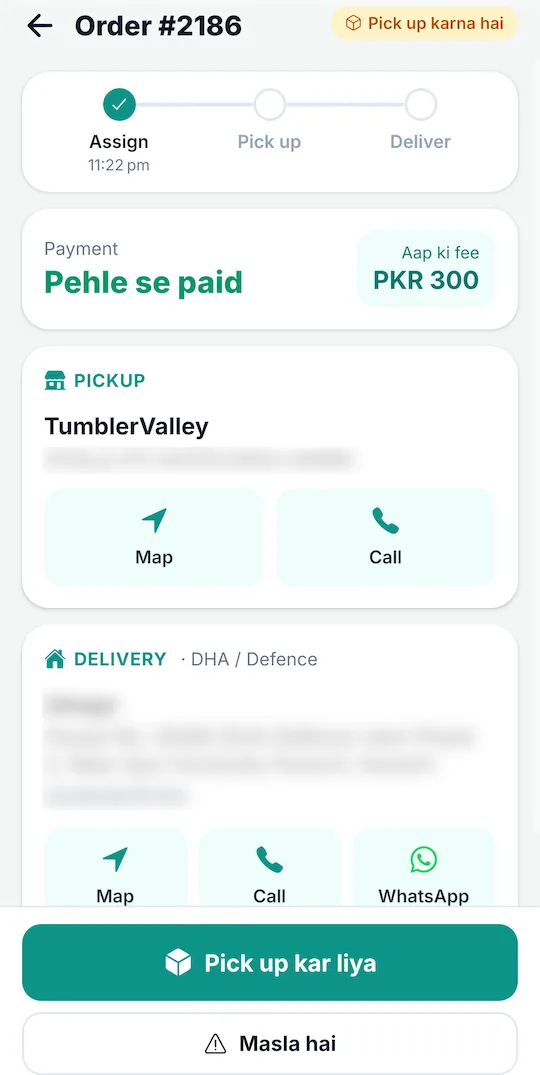 FABTRACK Riders app job with pickup, delivery, call, map and WhatsApp buttons